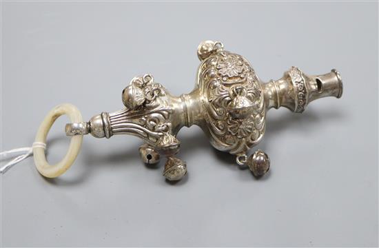 An Edwardian silver childs rattle, with bells, whistle and teether, Crisford & Norris, Birmingham, 1904, 14cm